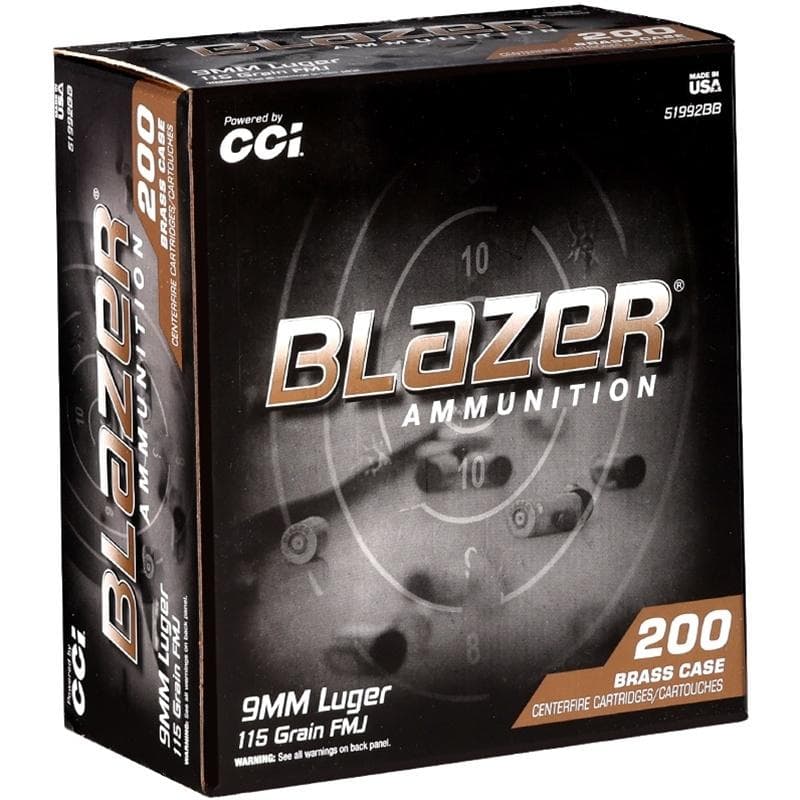 CCI Blazer Brass Handgun Ammunition 9MM Luger 115GR FMJ 1145 FPS 200/Ct
