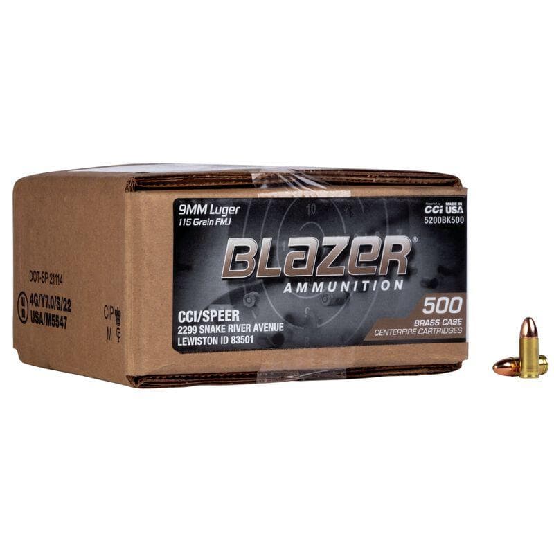 CCI Blazer Brass Handgun Ammunition 9MM Luger 115 Gr FMJ 1145 FPS 500/Ct (Loose Pack)