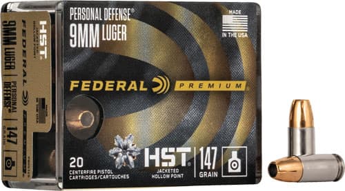 Federal Personal Defense HST Handgun Ammunition 9MM Luger 147 Gr. JHP 1000 FPS 20/Ct